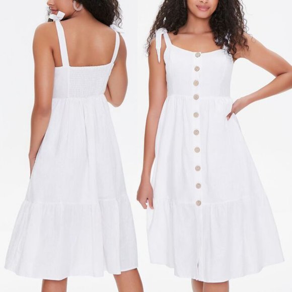 NEW Ivory Linen Blend Tie Straps Button Midi Dress - Picture 2 of 10